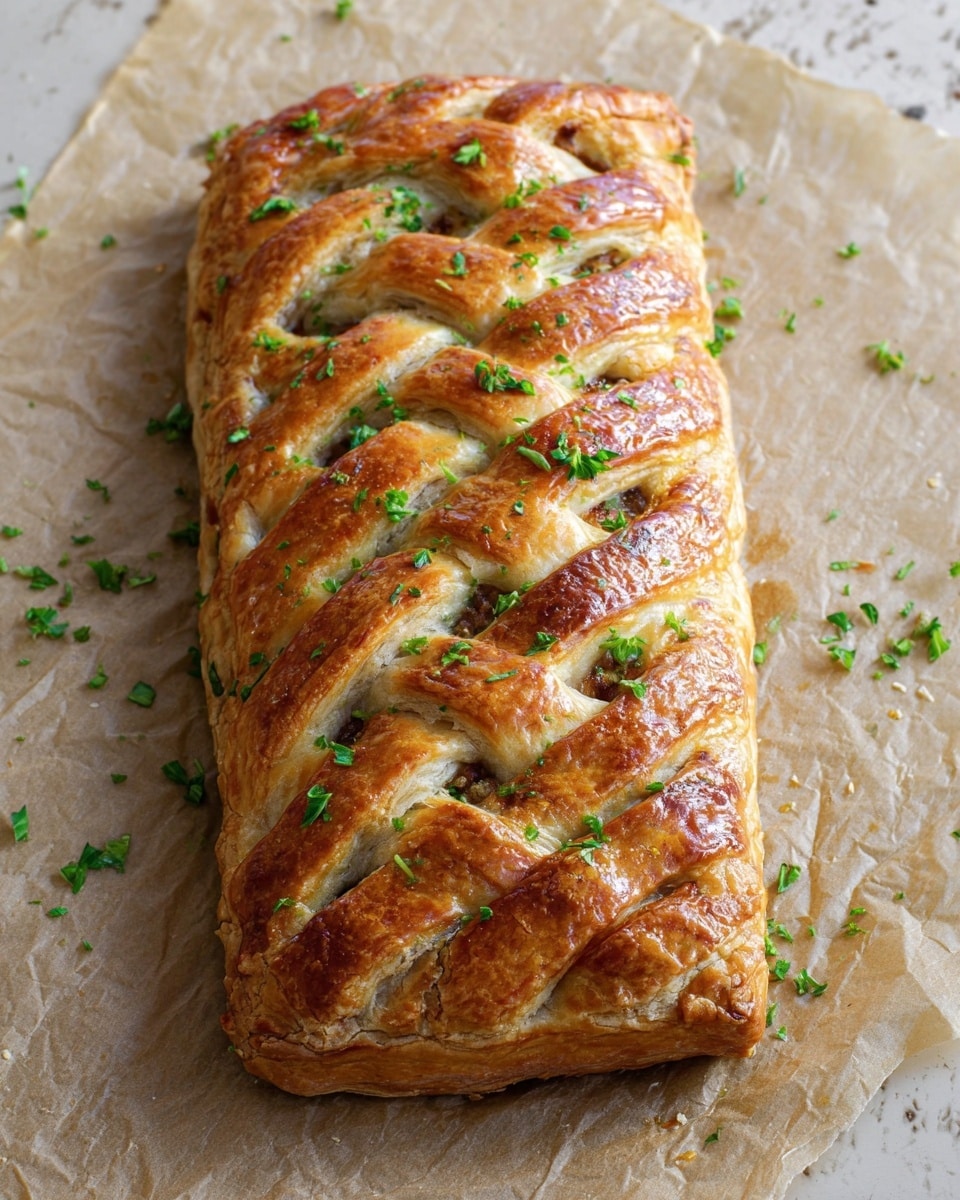 This image shows a golden brown woven pastry with a shiny crust, arranged in a braided pattern with thick, textured strips crossing over each other. The pastry is garnished with small, scattered green herb pieces on top and around it. It rests on light brown parchment paper that has slight wrinkles. The colors focus on the warm golden pastry and bright green herbs, with the background changed to a white marbled texture photo taken with an iphone --ar 4:5 --v 7