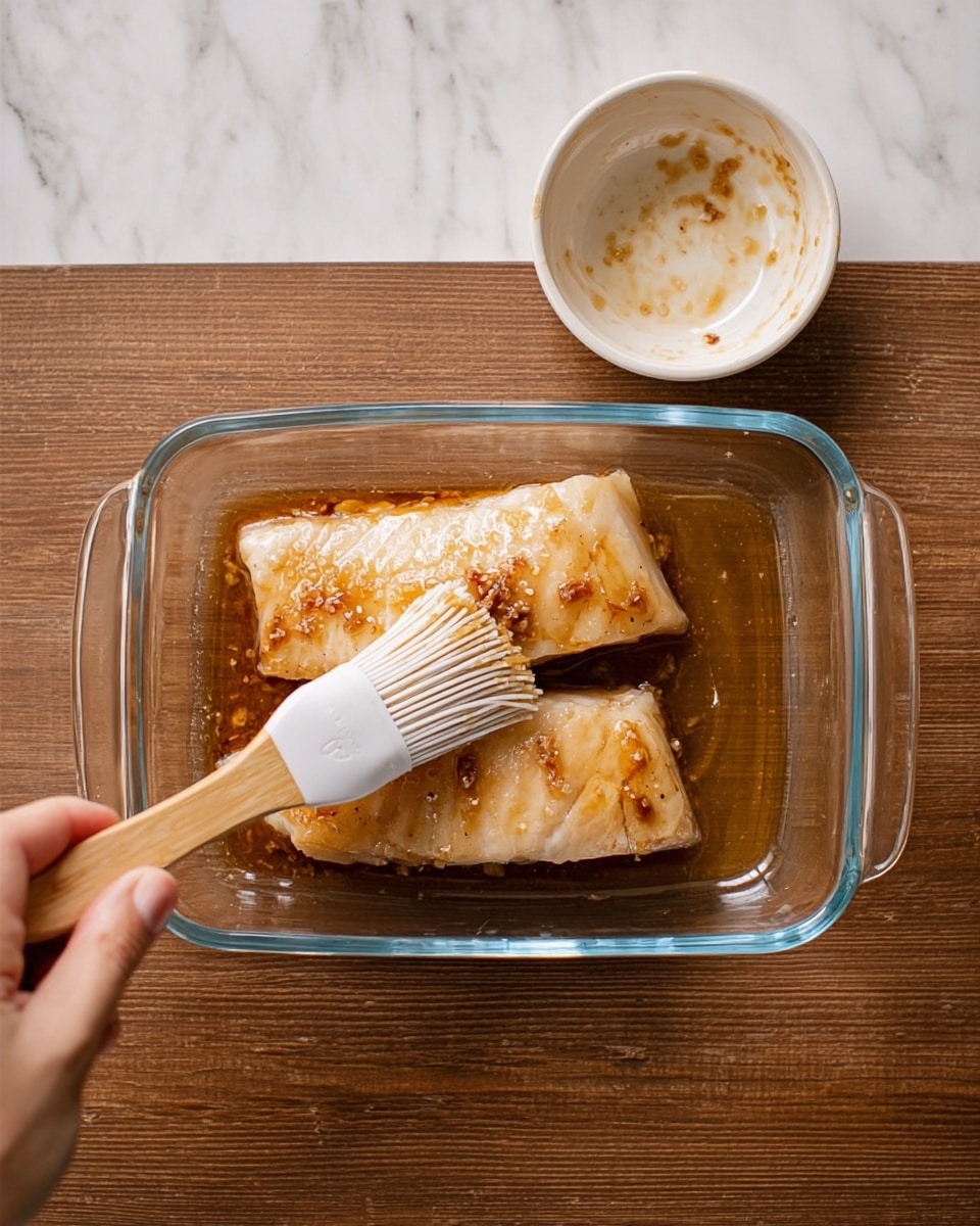 In a clear rectangular glass baking dish, there are two large pieces of light beige fish fillets lying side by side, covered with a shiny brown sauce that has some visible small bits like sesame seeds and minced garlic. A woman's hand is holding a wooden brush with white silicone bristles, brushing the sauce on the fish. To the upper left of the baking dish, there is a small white bowl with some leftover brown sauce inside. The scene is set on a white marbled textured surface photo taken with an iphone --ar 4:5 --v 7