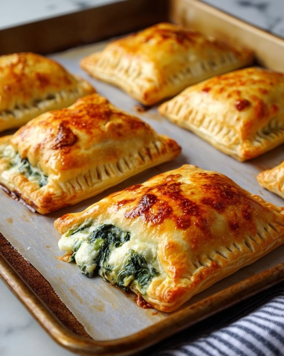 The image shows a flaky pastry with multiple layers of golden brown crust on top and bottom. Inside, there are two main layers: a creamy, melted white cheese layer mixed with cooked dark green spinach. The pastry looks crisp and shiny with small white sesame seeds sprinkled on top. The melted cheese stretches slightly out from the center, showing its soft texture. The pastry sits directly on a white marbled surface, with some crumbs and small pieces of the pastry around it. Photo taken with an iphone --ar 4:5 --v 7