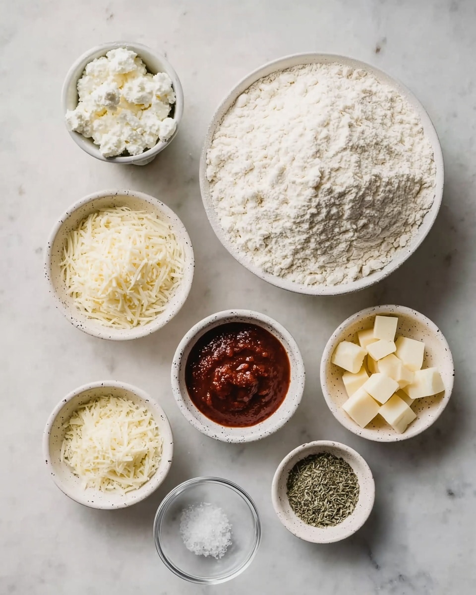 A white bowl filled with white flour is placed at the top right on a white marbled surface. Below it are several small white bowls arranged loosely in a circle: top left holds a cup with white cottage cheese, bottom left has a bowl with white powder, middle left contains shredded white cheese, middle center has small cubes of pale yellow cheese, middle right has a deep red sauce, bottom center has a small glass bowl with white salt, and bottom right contains dried green herbs. The bowls have a simple, speckled textured look. photo taken with an iphone --ar 4:5 --v 7