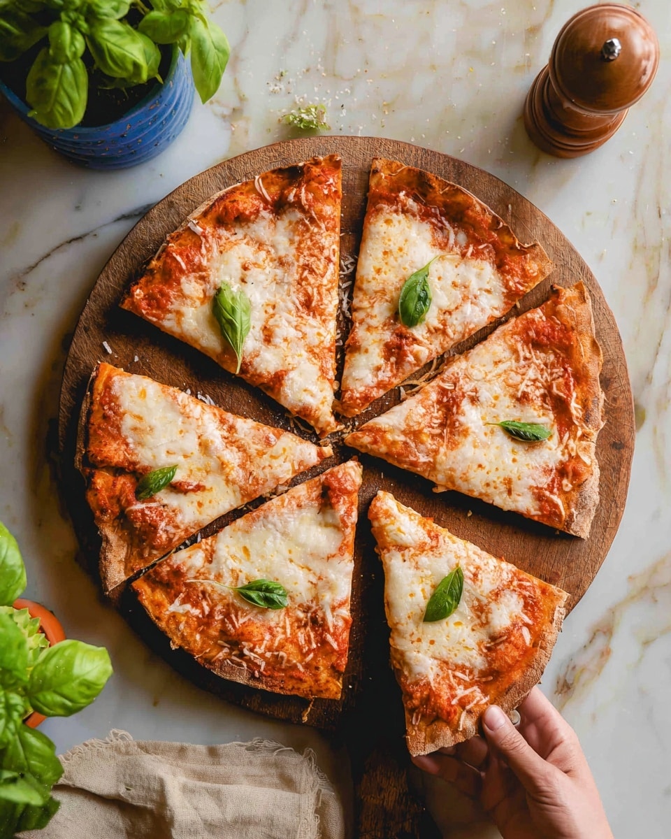 The image shows a round pizza on a wooden cutting board placed on a white marbled surface. The pizza has one visible layer of red tomato sauce spread evenly across the dough, topped with melted white cheese that has golden brown spots from baking. Fresh green basil leaves are scattered on top of the cheese, adding a pop of color. The crust is slightly thick with a rough texture and light flour dusting. Around the board, there are a few loose basil leaves and a metal pizza cutter with some crumbs nearby. Photo taken with an iphone --ar 4:5 --v 7