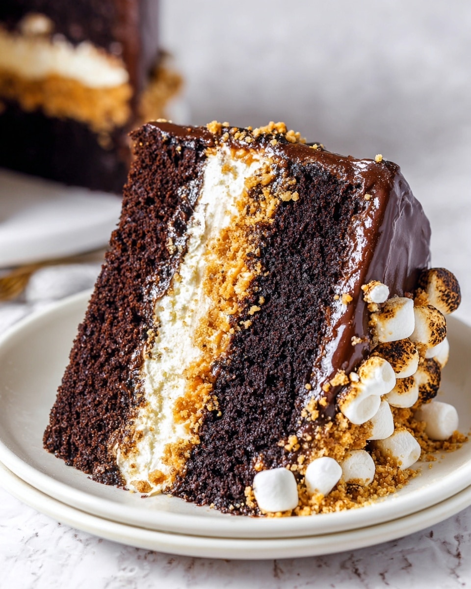 A slice of three-layer dark chocolate cake sits on a white plate with a white marbled background. The bottom, middle, and top layers are rich dark chocolate cake. Between the layers are two thick layers of light and fluffy white cream mixed with golden crunchy crumbs. The outside edges of the cake are coated with glossy dark chocolate frosting that drips slightly down the side. Toasted small white marshmallows are clustered on one side of the slice. Photo taken with an iphone --ar 4:5 --v 7