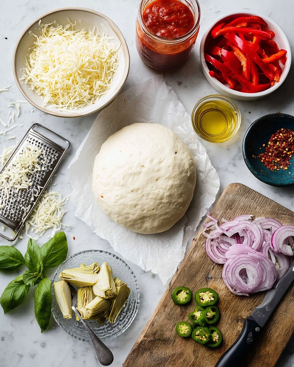 A round ball of smooth white pizza dough sits on a white marbled surface next to fresh green basil leaves. To the left, a white bowl filled with shredded pale yellow cheese is placed near a metal grater with some shredded cheese on a piece of white parchment paper. Above the dough, there is a jar of bright red tomato sauce and a small glass jar with light golden oil. On a wooden cutting board to the right, there are several layers: a white bowl filled with shiny red roasted red pepper slices at the top, a silver spoon beside it, and a small dark green bowl with light yellow artichoke hearts below. Near the center of the board, there are thinly sliced purple onion pieces on a glass plate, alongside green jalapeño slices scattered around a black-handled knife. A small dark blue bowl with red chili flakes is next to the knife. The whole setup is on a white marbled surface photo taken with an iphone --ar 4:5 --v 7