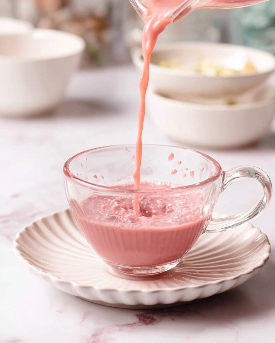 A clear glass cup with a handle is placed on a white saucer with a wavy edge, both sitting on a white marbled surface. A pink liquid is being poured from above into the cup, creating small splashes and bubbles on the surface of the liquid inside. The background shows blurred white bowls and items, keeping the focus on the cup and the flowing pink drink. photo taken with an iphone --ar 4:5 --v 7