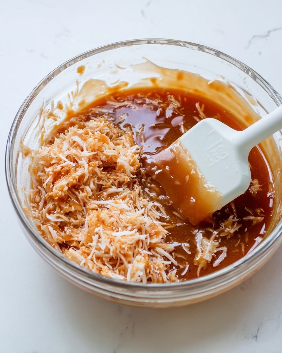 A clear glass bowl holds a mixture of shredded light brown coconut flakes soaked and partially submerged in a shiny, thick caramel-colored syrup. The texture of the coconut looks soft and slightly sticky, sitting on the edge of the syrup, with some flakes touched by a white plastic spatula resting inside the bowl. The bowl is placed on a white marbled surface with soft natural light highlighting the shiny syrup and the fibrous details of the coconut. Photo taken with an iphone --ar 4:5 --v 7