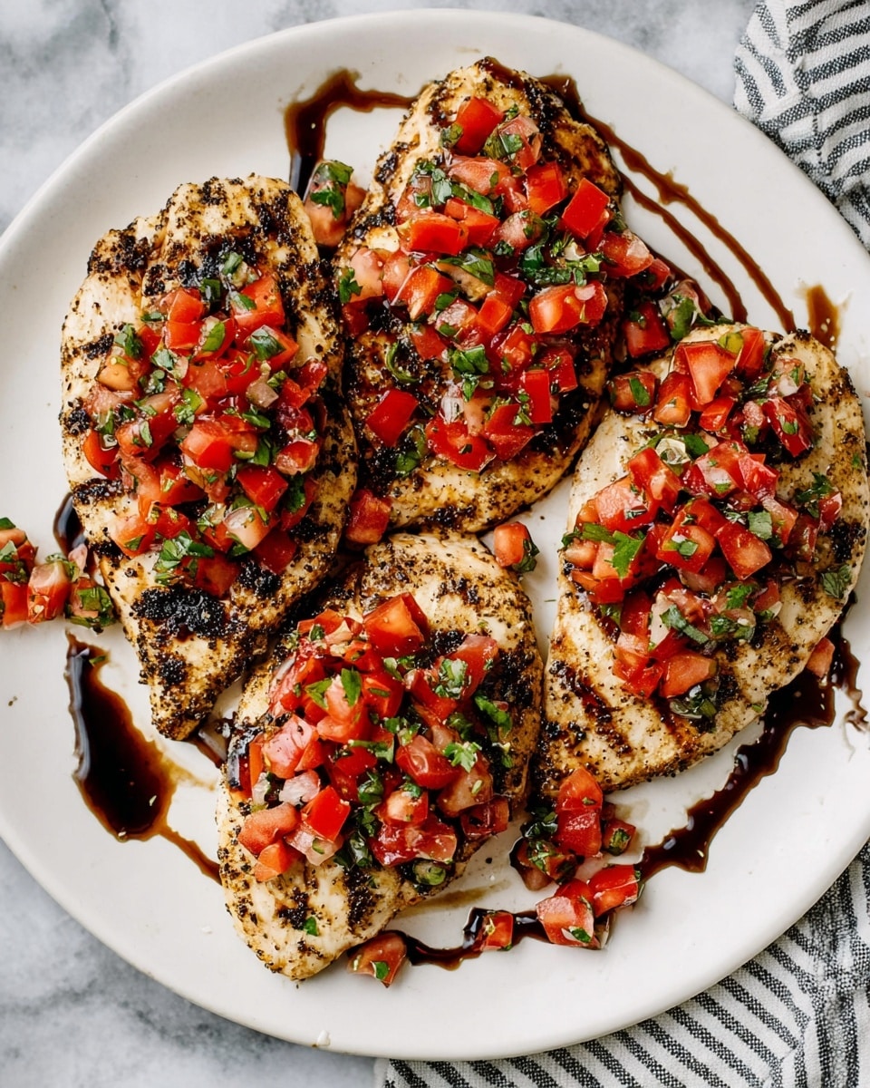 The image shows a white plate with four grilled chicken pieces arranged close together. Each chicken piece has a textured, slightly browned surface with visible seasoning and grill marks. On top of each piece is a layer of chopped bright red tomatoes mixed with finely chopped green herbs, creating a fresh, colorful contrast. Drizzled over the chicken and tomato mixture is a dark, glossy balsamic glaze adding shine and depth to the dish. The plate is set on a white marbled surface with a striped cloth partially visible at the edge. photo taken with an iphone --ar 4:5 --v 7