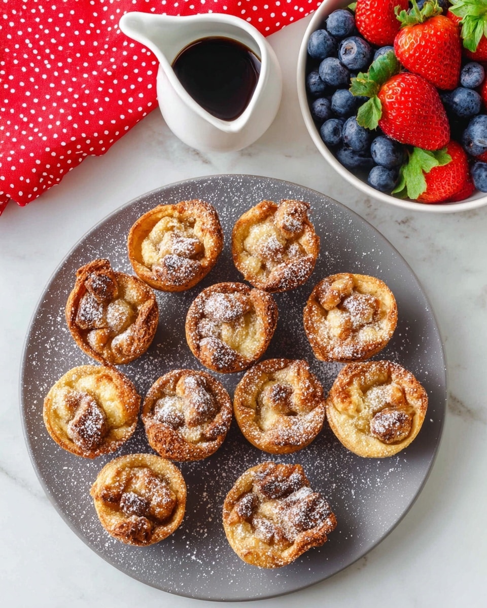 The image shows a round gray plate with twelve small golden brown pastries arranged in a circular pattern, each with a slightly uneven, crinkled top dusted with white powdered sugar. Next to the plate, there is a white small pitcher filled with dark syrup. Above the plate, there is a white bowl filled with fresh blueberries and red strawberries with green leaves. The background is a white marbled surface, and a red cloth with white polka dots is partially visible at the top edge of the image. photo taken with an iphone --ar 4:5 --v 7