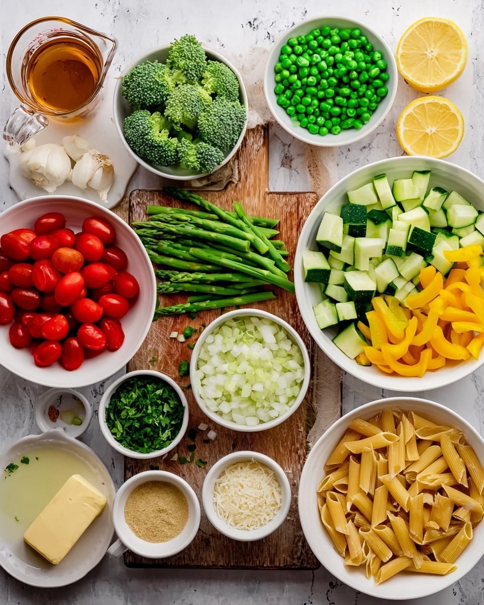 The image shows a white bowl of halved cherry tomatoes on the left side and a white bowl of frozen green peas at the top center. In the middle, a wooden board has chopped green broccoli florets on the left, green asparagus spears below them, diced light green zucchini at the top right, and sliced yellow bell peppers on the bottom right. Surrounding the board are several small white bowls containing chopped shallots, fresh chopped herbs, grated cheese, minced garlic, and a light creamy liquid. A white bowl of uncooked penne pasta is on the bottom right, and a white bowl with a pale yellow liquid is on the middle right. Two lemon halves and a stick of butter are placed at the top right on the white marbled surface. A glass measuring cup with a brown liquid is at the top left. photo taken with an iphone --ar 4:5 --v 7
