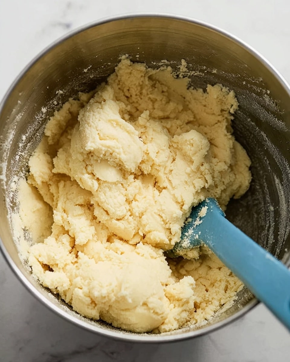 A close-up image of light yellow dough inside a silver metal bowl, with a blue silicone spatula resting on the side, showing a soft and slightly crumbly texture. The dough is spread unevenly, filling most of the bowl's interior. The bowl sits on a white marbled surface, photo taken with an iphone --ar 4:5 --v 7
