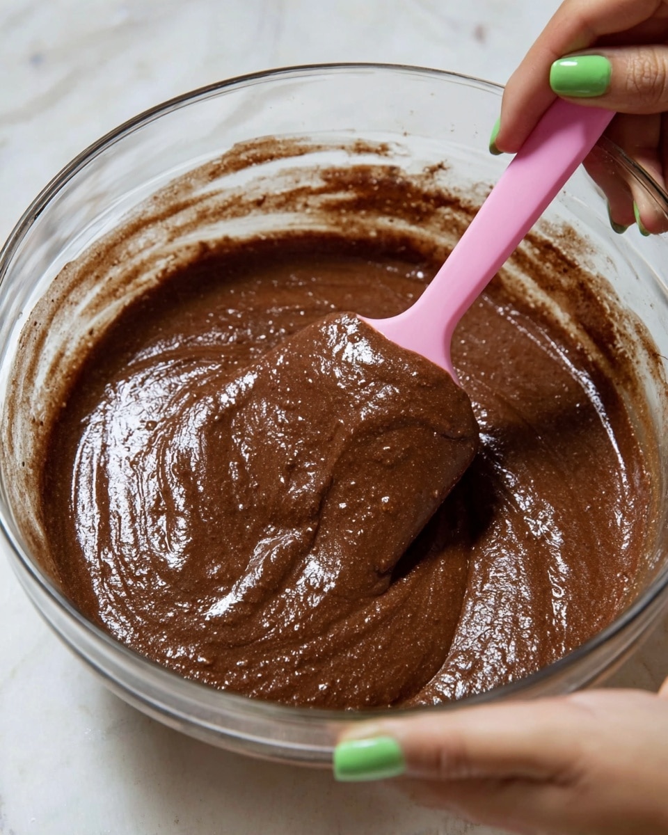 A close-up view of a clear glass bowl filled with smooth, thick, dark brown batter. The batter has a shiny, wet texture with some small bubbles. A pink spatula is lifting the batter in the bowl, showing its dense and creamy consistency. A woman's hand with green nail polish holds the spatula on the left side of the bowl, while another woman's hand supports the bowl on the right. The bowl sits on a white marbled surface. photo taken with an iphone --ar 4:5 --v 7