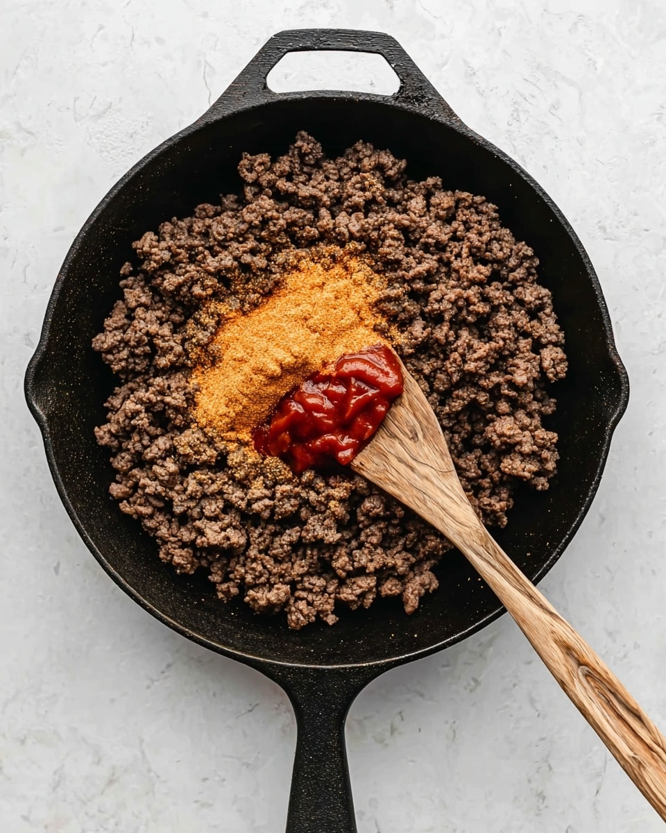 A black cast iron pan filled with cooked ground beef covering most of the pan, with a pile of orange seasoning powder and a dollop of red sauce sitting together in the center on top of the beef. A wooden spoon rests in the pan, angled from the bottom right toward the middle, touching the red sauce and seasoning. The pan is set on a white marbled surface. photo taken with an iphone --ar 4:5 --v 7