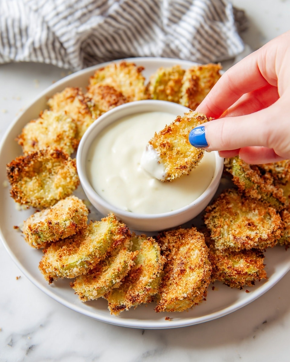 A white plate on a white marbled surface holds a circular arrangement of golden brown, crispy breaded vegetable pieces that have a rough, crunchy texture. In the center of the plate is a small white bowl filled with creamy, smooth white dipping sauce. A woman's hand with blue nail polish is holding one piece of the breaded vegetable, partially dipped into the sauce. A soft, striped cloth is blurred in the background. photo taken with an iphone --ar 4:5 --v 7