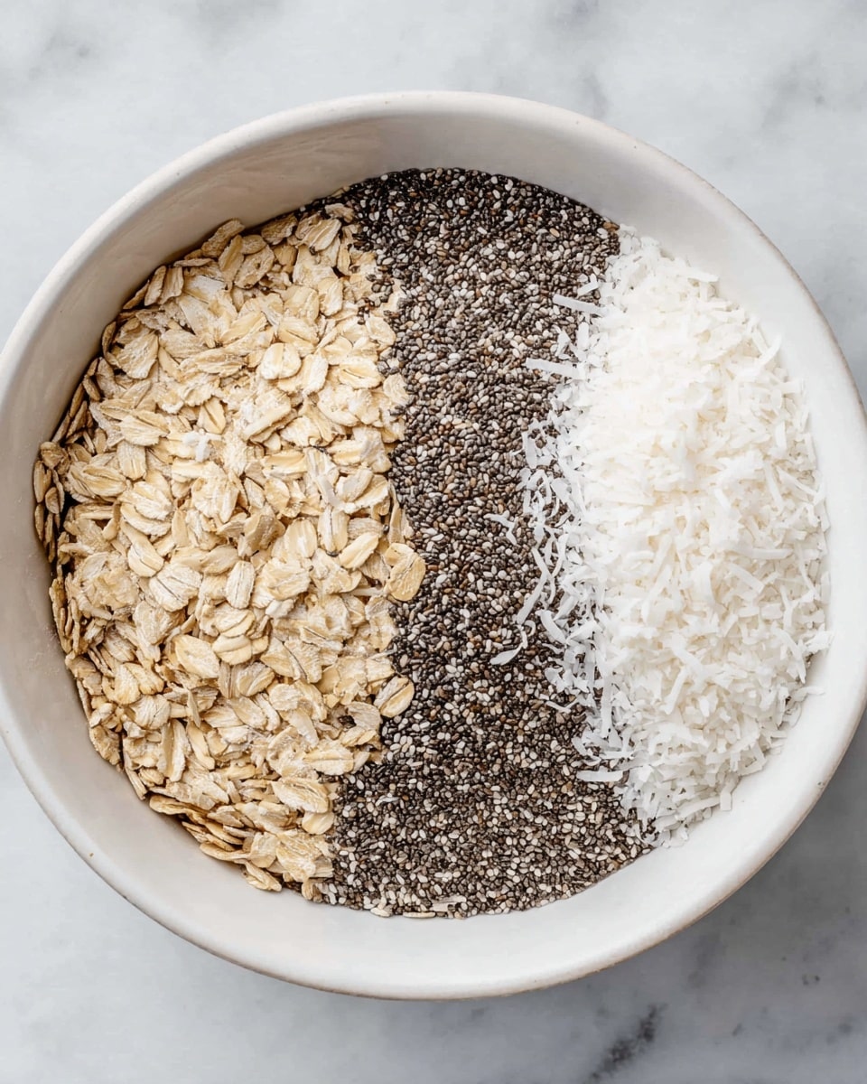 A white bowl filled with three neat layers of dry ingredients arranged side by side. On the left, there are light brown rolled oats with a rough, flaky texture. The middle section is filled with small, round, black and white chia seeds giving a speckled look. On the right side, there is a pile of fine white shredded coconut with a soft, powdery texture. The bowl rests on a white marbled surface. Photo taken with an iphone --ar 4:5 --v 7