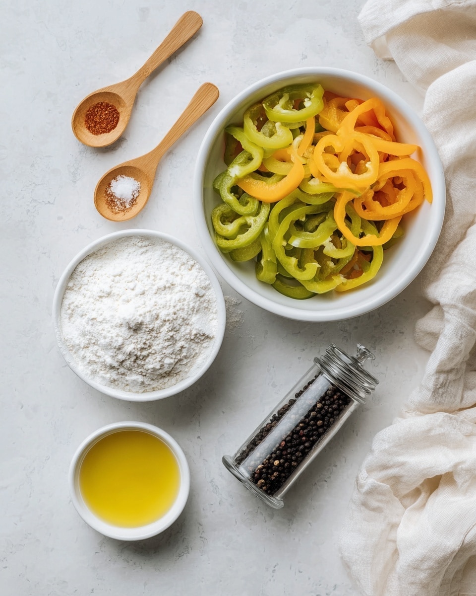 The image shows ingredients on a white marbled surface, including a white bowl filled with green and orange sliced bell peppers positioned in the center. Above it is a white bowl full of white flour with a crumbly texture. To the left, two wooden spoons hold small amounts of reddish-brown seasoning and white salt. Below the peppers is a small white bowl filled with golden yellow oil. To the right side rests a clear glass pepper grinder filled with black peppercorns. Soft cream-colored cloths are partially visible at the top left and bottom right corners of the scene. Photo taken with an iphone --ar 4:5 --v 7
