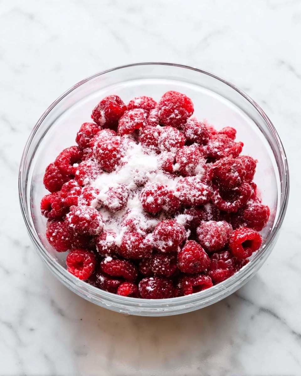 A clear glass bowl sits on a white marbled surface, filled with a single layer of bright red raspberries. The raspberries are covered with a white powdery sugar sprinkled unevenly on top, creating a contrast of red and white colors. The bowl is round, transparent, and shows the vivid red fruits inside clearly. photo taken with an iphone --ar 4:5 --v 7