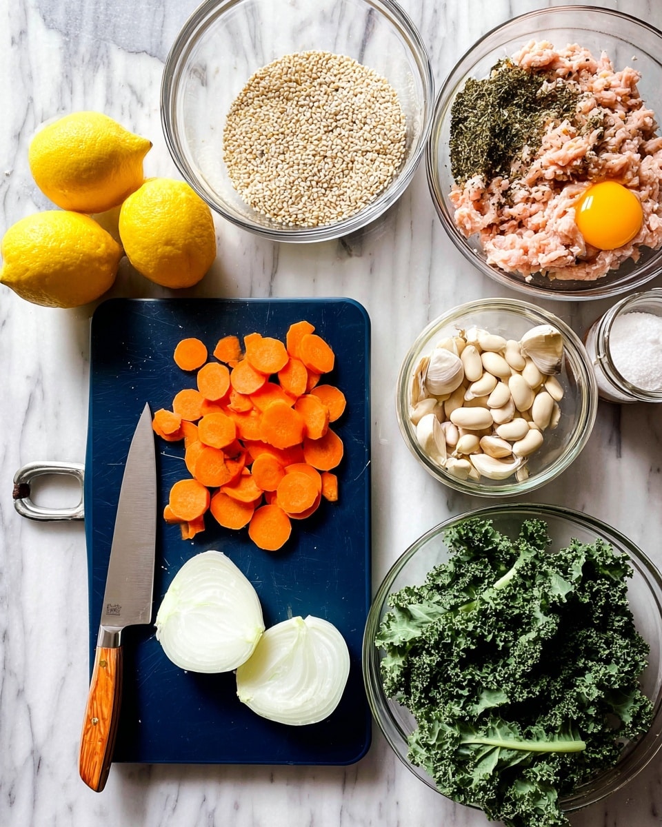 The image shows a kitchen scene on a white marbled surface. In the center is a small dark blue cutting board with a large knife and chopped bright orange carrots. Two white onion halves are also on the board near the knife. To the left, there are two halves of a bright yellow lemon. Above the cutting board, there is a clear glass bowl filled with small beige grains. To the right of the bowl, a larger clear glass bowl contains light pink ground meat, a raw egg yolk, and some green and white herbs and spices piled on top. Near the bottom right corner, another clear glass bowl holds fresh green kale leaves. To the right middle, two halved garlic heads with cloves visible lie next to a glass jar filled with beige beans. photo taken with an iphone --ar 4:5 --v 7
