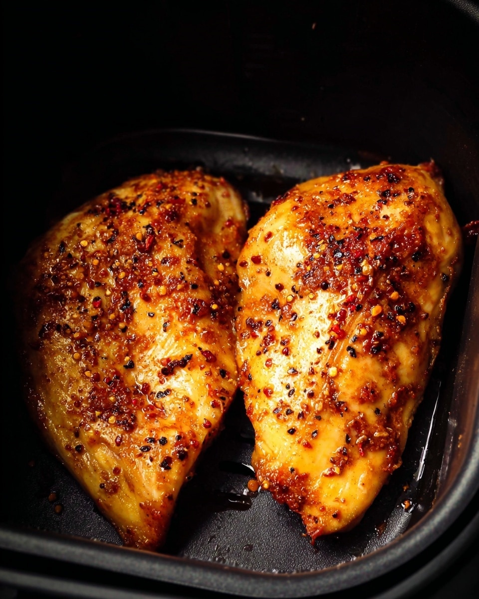 Two cooked chicken pieces are inside a black container. Each piece has a golden brown color with a slightly shiny surface, covered with small black and red spices and pepper flakes. The background and edges of the container are dark, making the chicken stand out clearly. The chicken pieces are placed side by side, showing a smooth texture with some crispy parts. Photo taken with an iphone --ar 4:5 --v 7