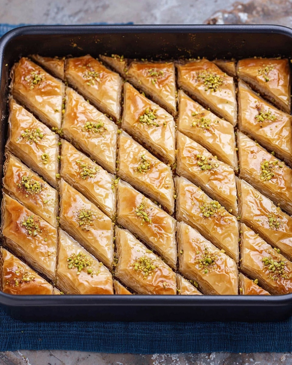 The image shows a rectangular black baking pan filled with a dessert made of many thin layers of light golden pastry, cut into diamond shapes. Each diamond has a shiny, slightly oily surface with small green nut pieces sprinkled on top. The layers underneath the top are visible near the edges, showing a thin, slightly darker filling. The pan sits on a dark blue cloth over a white marbled surface. The overall look is crisp and flaky with a warm brown color on the edges photo taken with an iphone --ar 4:5 --v 7
