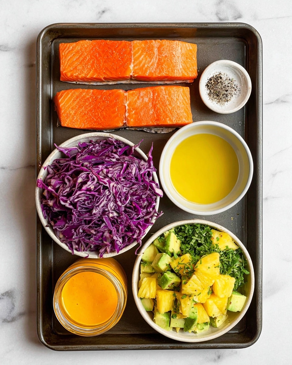 The image shows a dark metal tray holding three rectangular pieces of bright orange fish fillet at the top. Below them, there is a white bowl filled with shredded purple cabbage mixed with herbs. To the right of it, there's a smaller white bowl with yellow oil and another white bowl containing a mix of chopped green avocado, bright yellow pineapple chunks, and green herbs. A small white container with black pepper is placed between the bowls. At the bottom left corner of the tray, there is a small glass jar filled with orange dressing. The tray sits on a white marbled surface. photo taken with an iphone --ar 4:5 --v 7