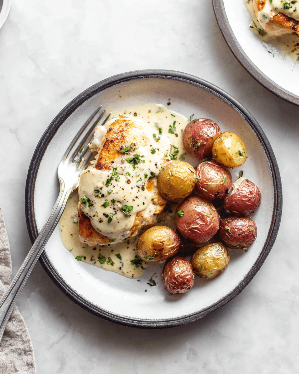 A white plate with a dark rim holds a meal of one piece of golden-brown cooked chicken topped with pale creamy sauce dotted with green herbs and black pepper. Next to the chicken, there are small round roasted potatoes in light brown and reddish skin, also covered lightly with the same creamy sauce. A silver fork rests inside the plate on the left side. The plate is on a white marbled surface with another partially visible white plate with similar food in the top right corner photo taken with an iphone --ar 4:5 --v 7