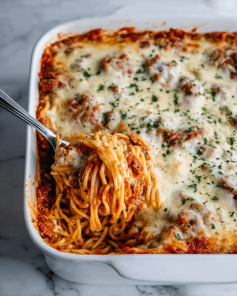 This image shows a white baking dish with a cooked spaghetti casserole inside. The dish has three clear layers: the bottom layer is spaghetti noodles mixed with red tomato sauce and bits of cooked ground meat, the middle layer is melted cheese that looks creamy and slightly browned in parts, and the top layer is a sprinkling of chopped green herbs covering the cheese. A silver spoon is scooping some casserole from the dish, revealing the thick cheesy and saucy texture underneath. The dish is placed on a white marbled surface. Photo taken with an iphone --ar 4:5 --v 7