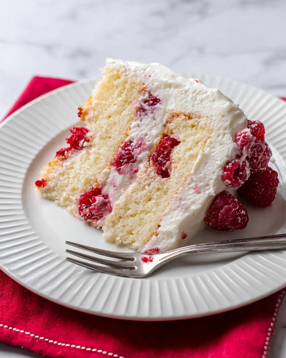A slice of white layered cake with two thick layers of soft, pale yellow sponge separated by a creamy white frosting containing whole red raspberries, some poking out from the edges. The top of the cake is covered in the same fluffy white frosting with a few raspberries embedded inside. The cake rests on a white plate with a ridged design around the edge, placed on a white marbled surface. A silver fork lies nearby, and a red cloth with a stitched edge is partly visible in the background. photo taken with an iphone --ar 4:5 --v 7