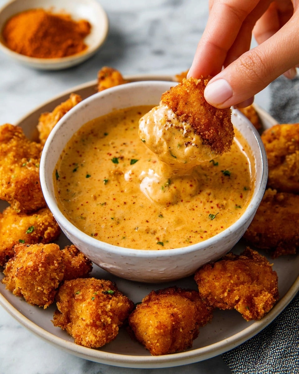 A white bowl filled with a creamy, orange-speckled sauce sits at the center of a round white plate. Around the bowl, golden brown crispy fried nuggets are arranged. A woman's hand is dipping one nugget into the thick sauce, which clings to the nugget's rough textured surface. The plate rests on a white marbled surface, and there is a small bowl with some powdery orange spice blurred in the background. photo taken with an iphone --ar 4:5 --v 7