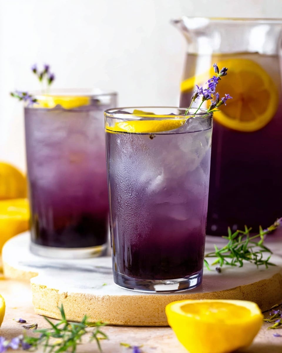 Two clear glasses with a purple drink filled with ice cubes stand on a wooden and white marble board. Each glass has a thin yellow lemon slice floating on top and a small green sprig with purple flowers inside the drink. To the right and slightly behind the glasses, there is a clear pitcher also filled with the same purple drink, with a lemon slice floating at the top. Around the board, there are bright yellow lemon wedges and green herb sprigs scattered on a white marbled surface. The lighting is bright and soft, showing condensation on the glasses. Photo taken with an iphone --ar 4:5 --v 7