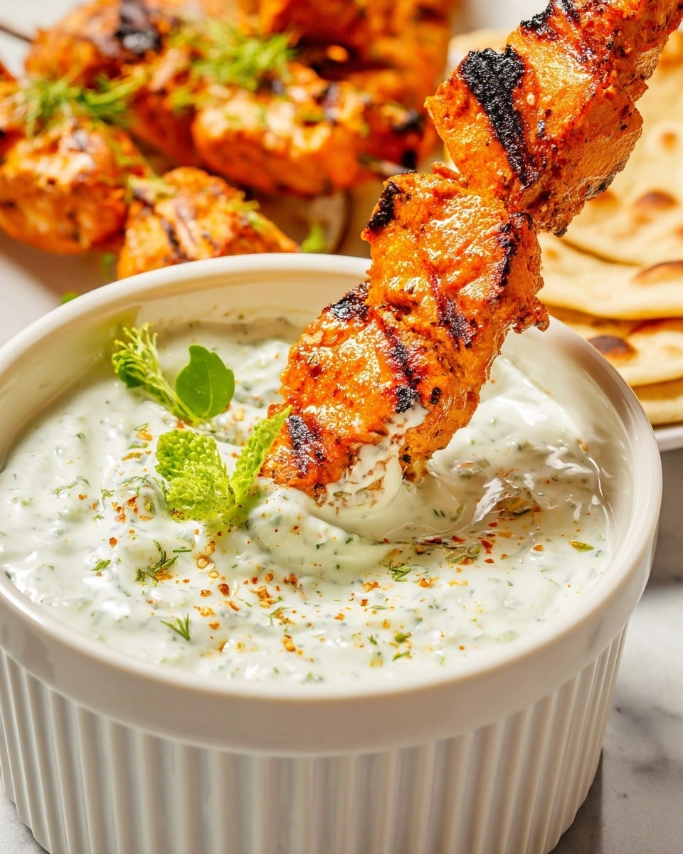 A close-up of an orange grilled skewer piece dipped into a creamy white sauce in a white ridged bowl, with green herb sprigs on the side of the bowl. The grilled pieces show a slightly charred texture with a mix of orange-brown spices and juices. The creamy sauce is thick, with visible green herb bits and sprinkled spices on top. The background shows more grilled pieces and beige flatbreads on a white marbled surface. Photo taken with an iphone --ar 4:5 --v 7