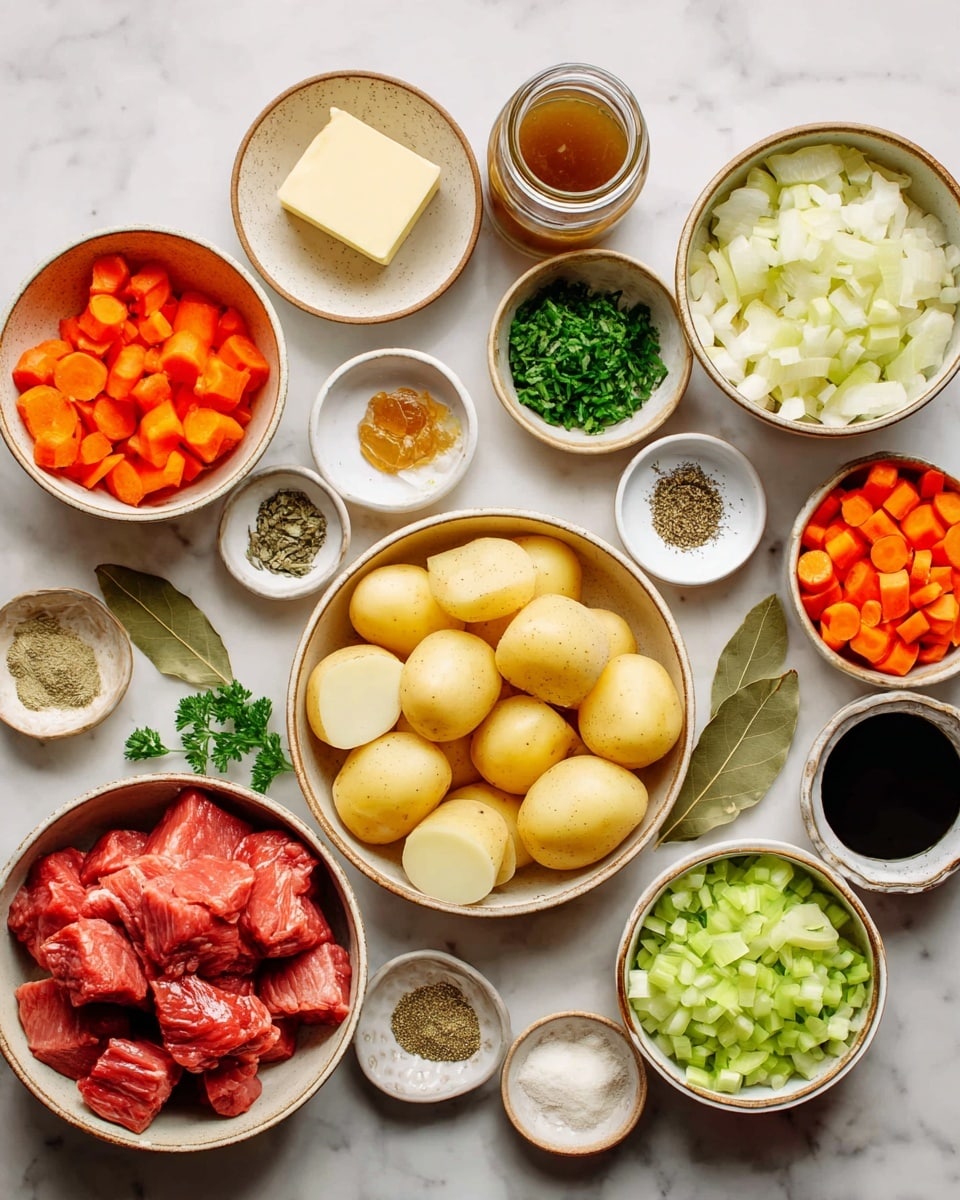 The image shows a top view of many ingredients laid out on a white marbled surface, arranged neatly in small beige or brown bowls. There are chunks of raw red meat in one bowl, while another bowl holds light yellow boiled baby potatoes, halved. Surrounding these are bright orange carrot pieces in a bowl, finely chopped white onions in another, and light green celery pieces in a white bowl. Small portions of minced garlic, a yellow butter cube, and fresh green parsley are also visible in small bowls or directly on the surface. Several small bowls hold dry spices and powders in white and green shades, along with bay leaves, a dark liquid sauce, and a jar with a brown sauce. The colors are warm and natural, and the arrangement is tidy and inviting. Photo taken with an iphone --ar 4:5 --v 7