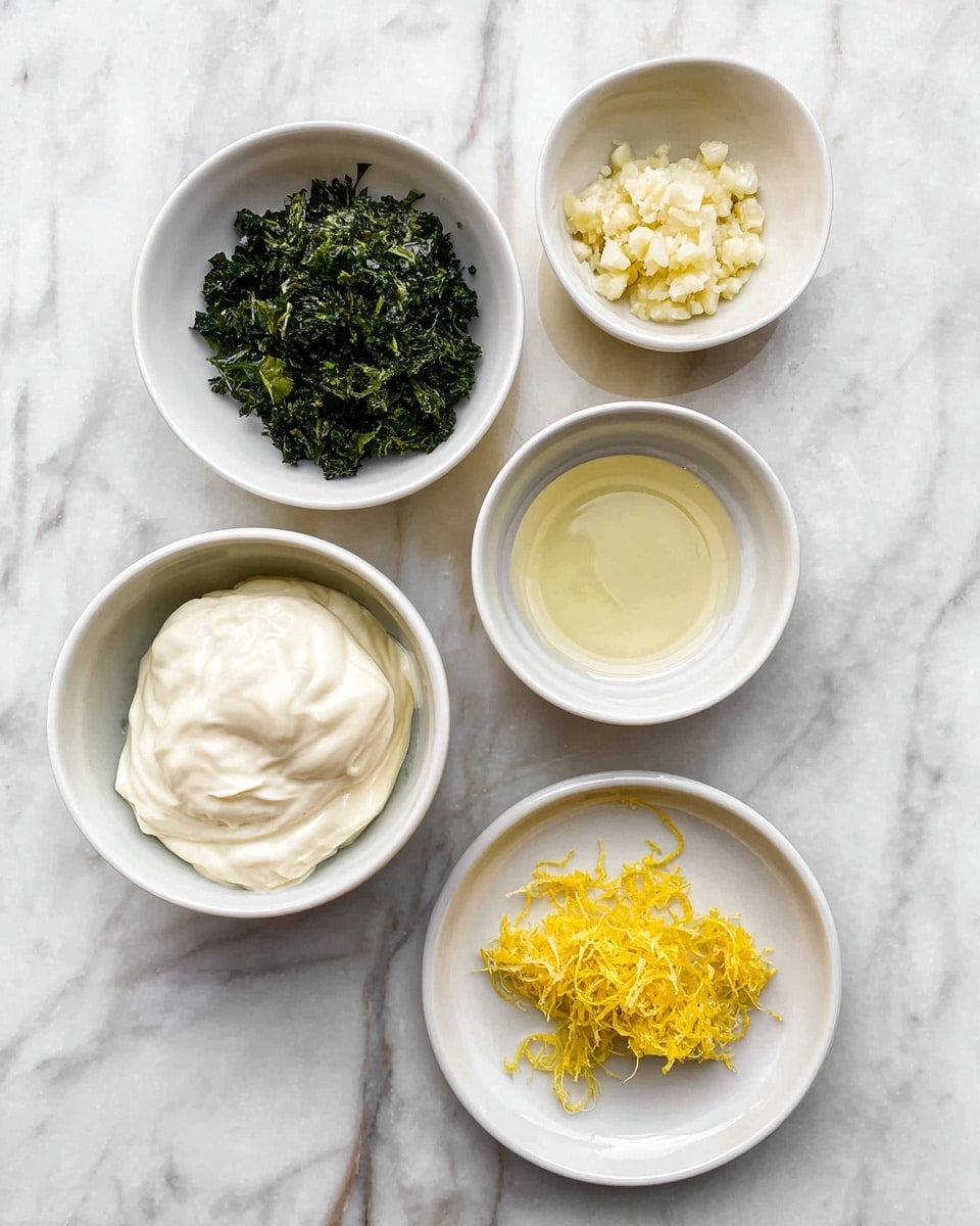 The image shows five small white bowls and a white plate arranged on a white marbled surface. The largest bowl at the bottom left contains a thick, white creamy substance with smooth texture. Above it, a bowl holds finely chopped dark green herbs with a leafy texture. To the right of that, another bowl is filled with a creamy, off-white mixture that looks slightly thicker than the largest bowl’s content. At the top left, a small bowl contains minced pale yellow garlic with a slightly wet texture. On the white plate at the right, there is a small bowl filled with a pale yellow clear liquid, next to a pile of bright yellow grated zest. The whole scene is well lit and clear. photo taken with an iphone --ar 4:5 --v 7