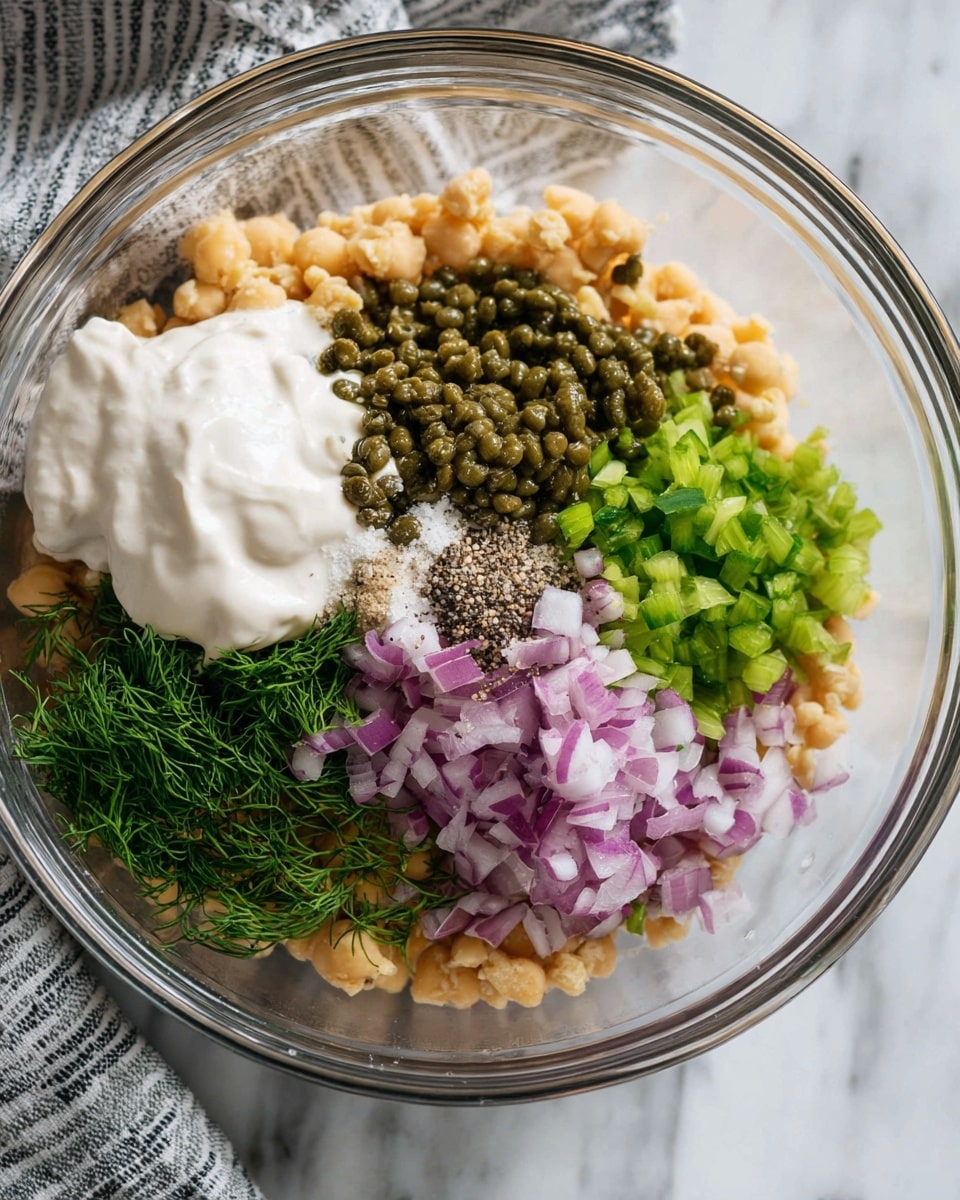 A clear glass bowl contains several distinct layers of ingredients on a white marbled surface. The bottom layer has light beige crushed chickpeas. On top, there is a large dollop of white creamy mayo-like sauce on the left side. Above the sauce is a cluster of dark green capers, and to the left of that is finely chopped purple onion. Above the capers and onion are bright green chopped celery pieces. To the right side of the celery, there is a small pile of fresh green dill. In the center, there is a small pile of coarse salt and black pepper. A gray and white striped cloth is visible behind the bowl. Photo taken with an iphone --ar 4:5 --v 7