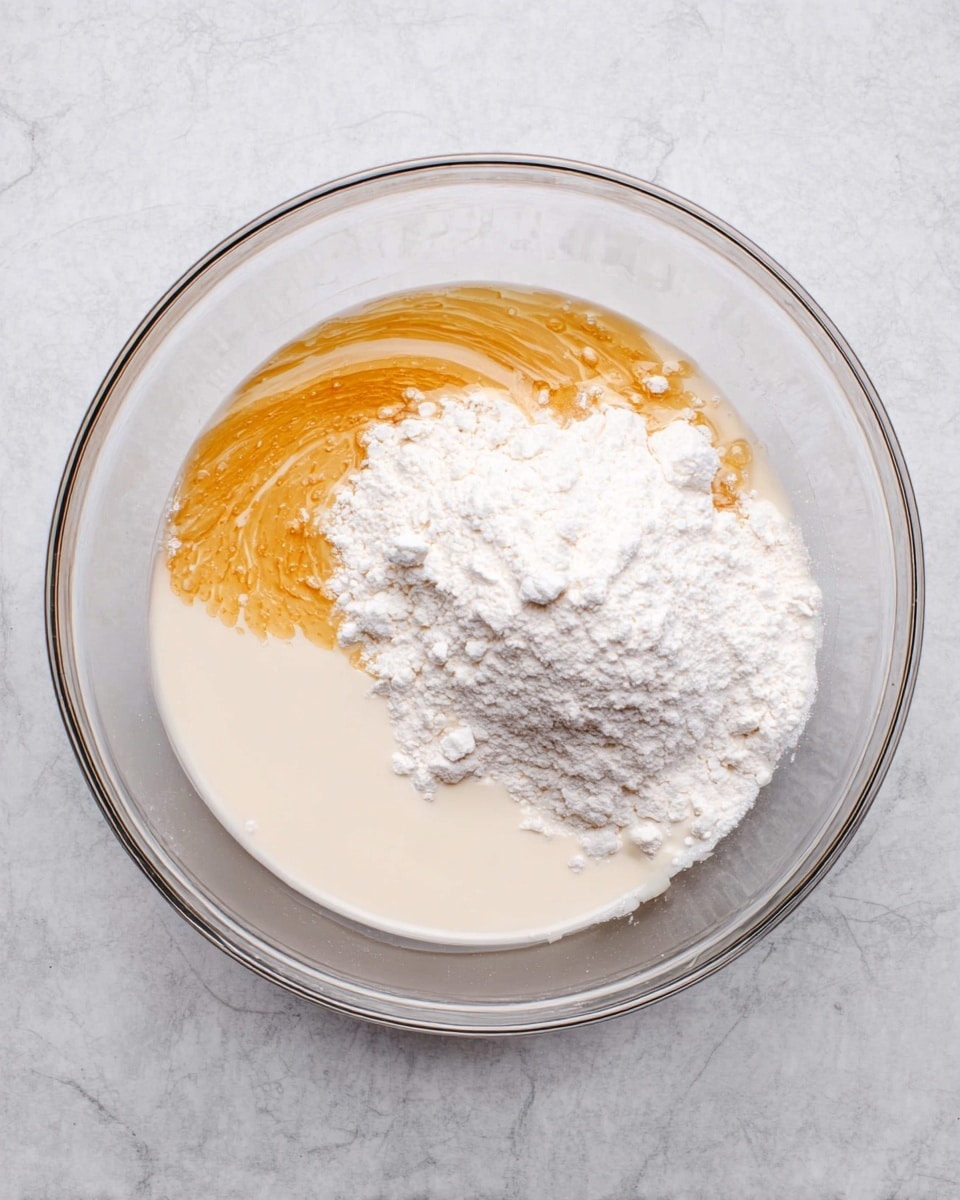 A clear glass bowl sits on a white marbled surface, holding three main layers of ingredients. The bottom layer is a smooth, creamy white liquid filling most of the bowl. On the right side of this is a fluffy white powder piled high. On the top left in the bowl is a golden-brown syrup-like liquid, swirling slightly into the creamy base. photo taken with an iphone --ar 4:5 --v 7