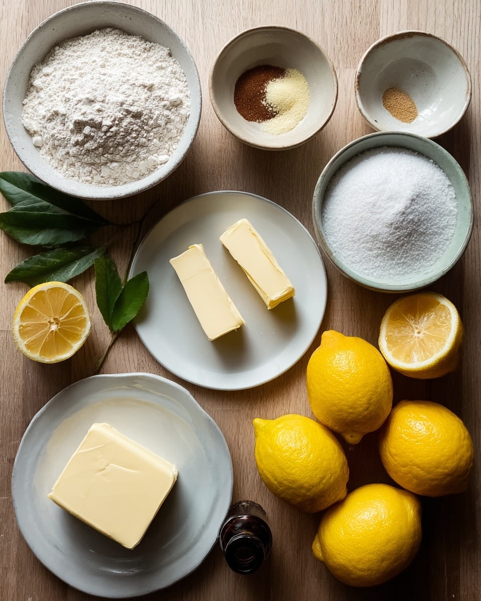 The image shows a top view of several ingredients arranged on a wooden table with a soft natural light. There are two white bowls with flour and sugar, a small white bowl with a brown powder, and another small white bowl with salt. A white plate holds two sticks of butter, and a smaller white plate has one stick of butter. A white bowl contains some lemon zest, and six whole bright yellow lemons are placed beside a lemon cut in half, revealing its juicy inside. Some green leaves are near the cut lemon, and a small dark bottle is also visible on the side. The overall setting is clean and simple, with natural colors and textures. photo taken with an iphone --ar 4:5 --v 7