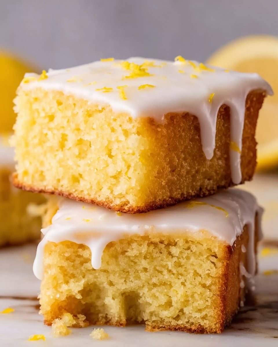 The image shows a close-up of lemon bars arranged on white parchment paper over a white marbled surface. The lemon bars have two layers: a thick, soft-looking yellow base and a smooth, shiny white icing layer on top. One lemon bar piece is topped with a thin, bright yellow lemon slice. There are small bits of lemon zest sprinkled over the icing, adding a touch of yellow detail. The bars are cut into rectangles, and the texture of the yellow base looks dense and slightly crumbly. Photo taken with an iphone --ar 4:5 --v 7