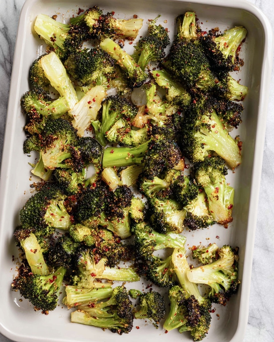 The image shows a white rectangular baking tray with many pieces of roasted broccoli spread out in a single layer. The broccoli pieces vary in size, from larger florets with dark green, slightly charred tops to smaller, lighter green stems with some browned edges. Scattered seasoning bits in light brown and red tones are visible on and around the broccoli, adding texture and color contrast. The tray is placed on a white marbled surface, giving a clean and bright background. Photo taken with an iphone --ar 4:5 --v 7