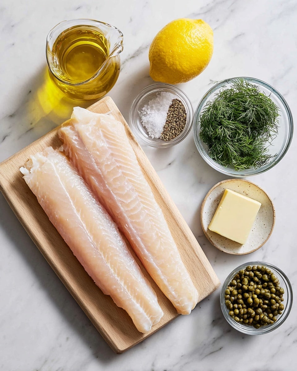 The image shows two long, pale pink fish fillets placed side by side on a light wooden cutting board which rests on a white marbled surface. To the right of the board, there is a halved lemon with bright yellow skin and juicy flesh on the white marbled surface. Below the lemon, there is a small clear glass bowl filled with fresh, bright green dill. To the right of the dill, there is a smaller clear glass bowl containing salt and pepper with white and black granules. Below that bowl, there is a small plate with a square piece of pale yellow butter. To the left of the butter, there is a tiny clear glass pitcher filled with golden olive oil with its handle visible. At the bottom left corner, there is a slightly larger clear glass bowl filled with green capers. The items are arranged neatly and the whole scene is well-lit with natural light. Photo taken with an iphone --ar 4:5 --v 7