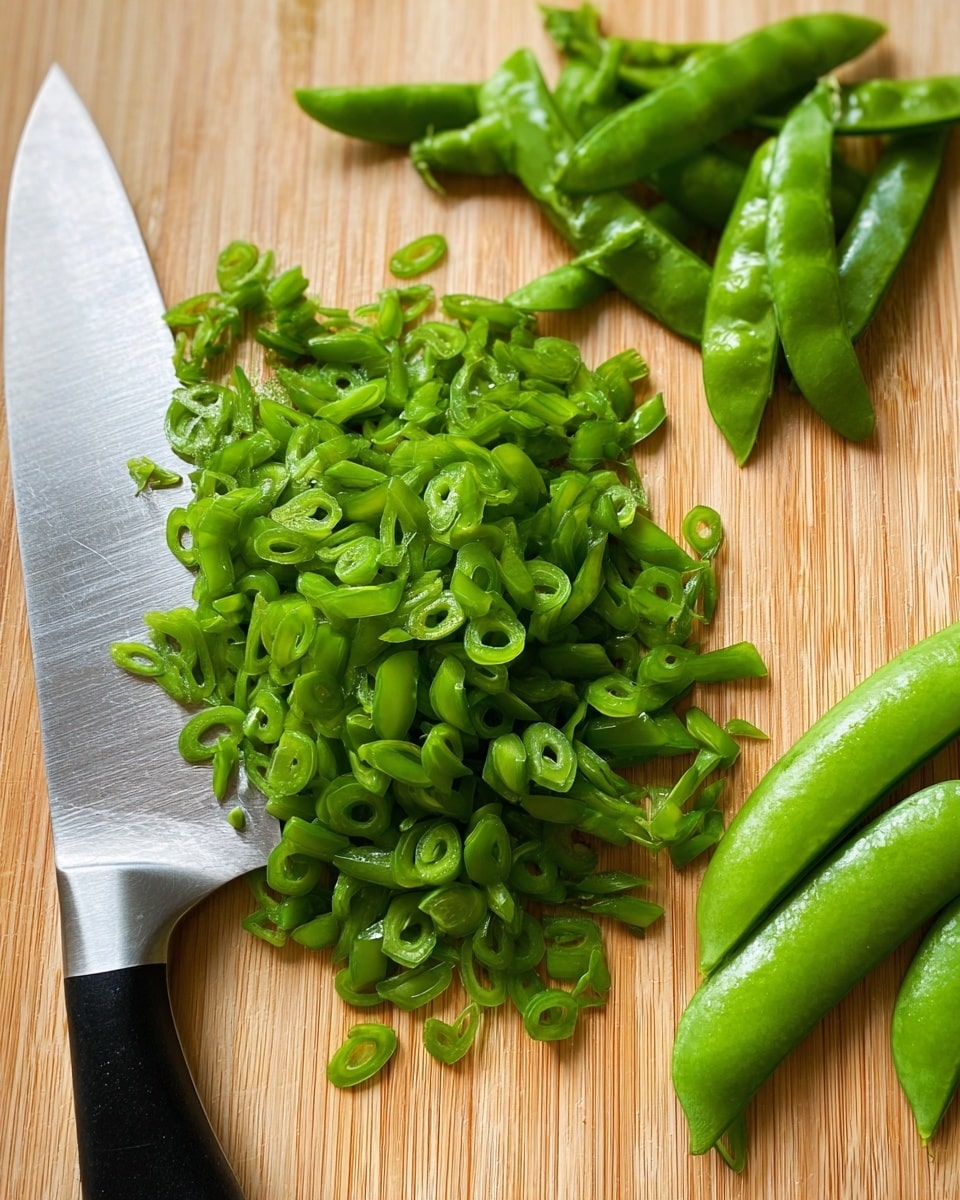The image shows a wooden cutting board with bright green snap peas. There are whole snap peas on the right side and a pile of thinly sliced snap peas in the middle. The slices are small, round, and fresh looking, showing the seeds inside. A shiny kitchen knife with a black handle lies under the sliced peas on the left. The surface has a light wood grain texture, and the brightness highlights the fresh green color of the peas. photo taken with an iphone --ar 4:5 --v 7