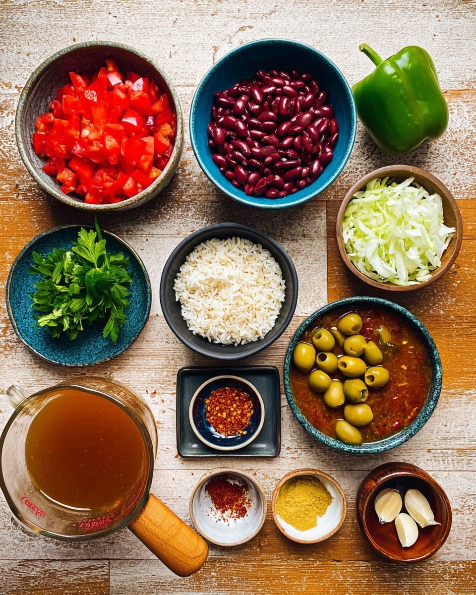 The image shows an arrangement of cooking ingredients placed neatly on a wooden surface. There are ten bowls and containers, each holding different items: one with bright red diced tomatoes, another with dark red kidney beans in a blue bowl with a wooden handle, a bowl of white rice with a small black dish of fresh green parsley on top, a bowl of chopped white onions, and a green bell pepper placed whole next to the bowls. Smaller bowls contain sliced green olives, a vibrant red tomato paste, a yellowish ground spice, and crushed red chili flakes combined with coarse salt. There is also a glass measuring cup filled with brownish broth and a small bowl with three cloves of garlic. The overall color palette is warm with reds, greens, whites, and browns. The entire scene is set on a white marbled textured background. Photo taken with an iphone --ar 4:5 --v 7