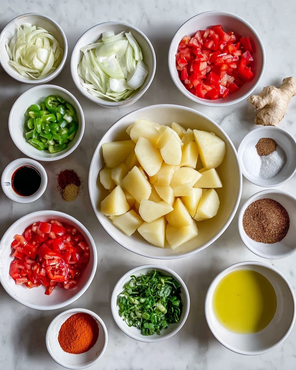 The image shows multiple white bowls arranged on a white marbled surface, each containing different chopped or prepared ingredients. In the center is a bowl filled with large, pale yellow potato pieces. Around it, there are bowls with bright red chopped tomatoes, thinly sliced white onions, fresh green sliced peppers, finely chopped red chili, chopped green herbs, minced ginger, minced garlic, and a few small bowls with various spices including black pepper, brown and orange powders, salt, and a bowl with a red paste. There are also bowls with clear liquid and yellow oil. Each ingredient lays neatly in its own bowl, creating a colorful and organized display of fresh and raw cooking elements. Photo taken with an iphone --ar 4:5 --v 7