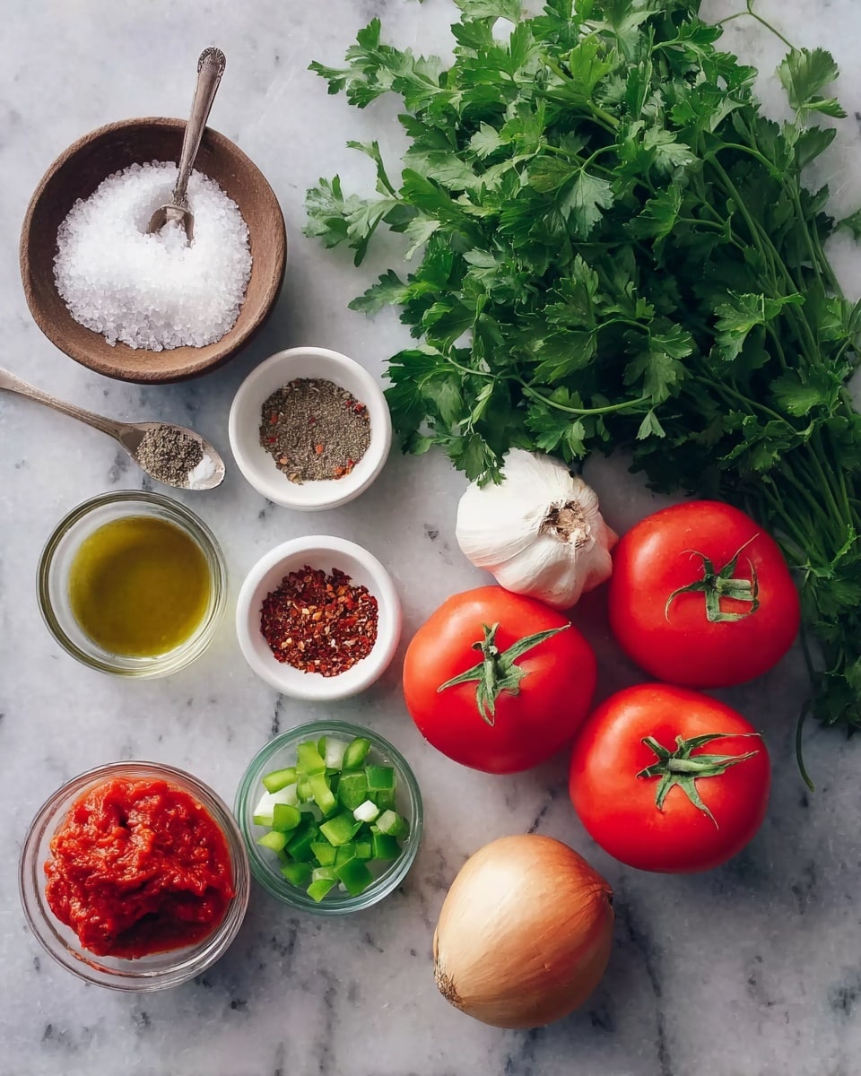 The image shows fresh cooking ingredients placed on a white marbled surface. There are three ripe red tomatoes with green stems on the top right. Below them is a large bunch of bright green parsley leaves filling the right side. In the lower right corner is a whole light brown onion. Two white garlic bulbs sit to the left of the onion. Near the center are small white bowls containing different ingredients: one with olive oil, one with a mix of spices including black pepper and chili flakes, and one with red pepper paste. There are also two small glass bowls with chopped green and red bell peppers. At the top there is a small white bowl filled with coarse salt and a small wooden spoon resting inside. photo taken with an iphone --ar 4:5 --v 7