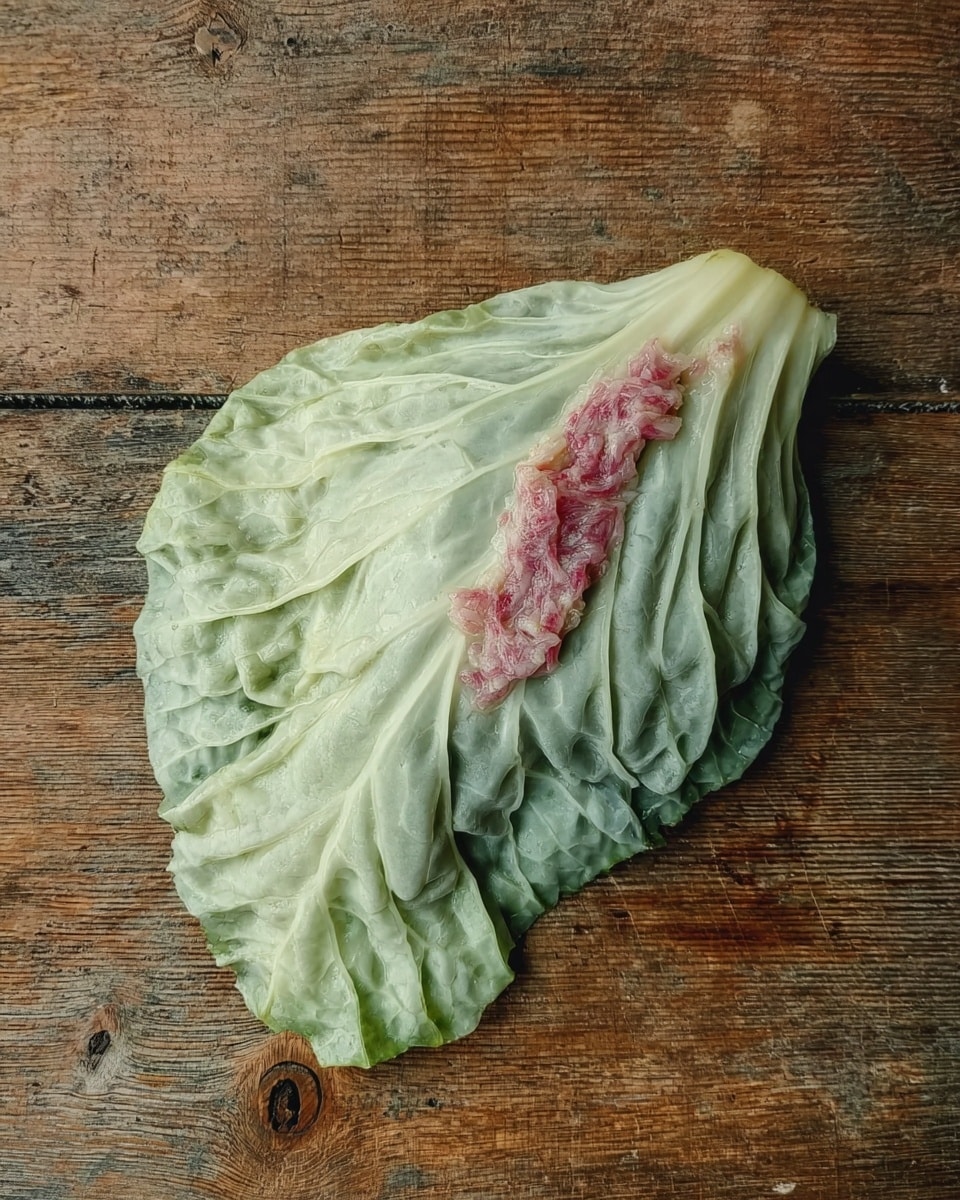 A single large, pale green cabbage leaf is laid flat on a wooden surface with visible grain and knots. Near one edge of the cabbage leaf, there is a small, rough-textured, pinkish-red mixture with small white pieces, evenly placed in a narrow strip. The cabbage leaf has a slightly wrinkled surface with soft ridges and a translucent quality. The wooden surface underneath is brown with natural variations in color and texture. photo taken with an iphone --ar 4:5 --v 7