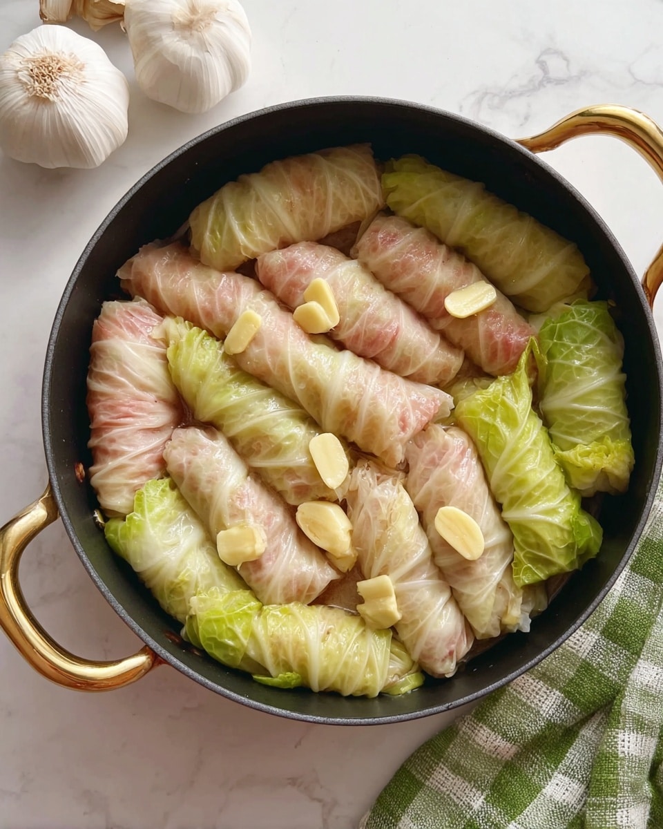 A black pot with golden handles holds two layers of cabbage rolls packed tightly together. The cabbage rolls on the bottom layer show soft pale green leaves, while the top layer rolls are light pinkish-white with some light green ones mixed in. Pieces of sliced garlic are scattered on top of the rolls, adding small creamy yellow chunks. The pot sits on a white marbled surface, with a whole garlic bulb placed nearby and a green checkered cloth partially visible in the corner. photo taken with an iphone --ar 4:5 --v 7