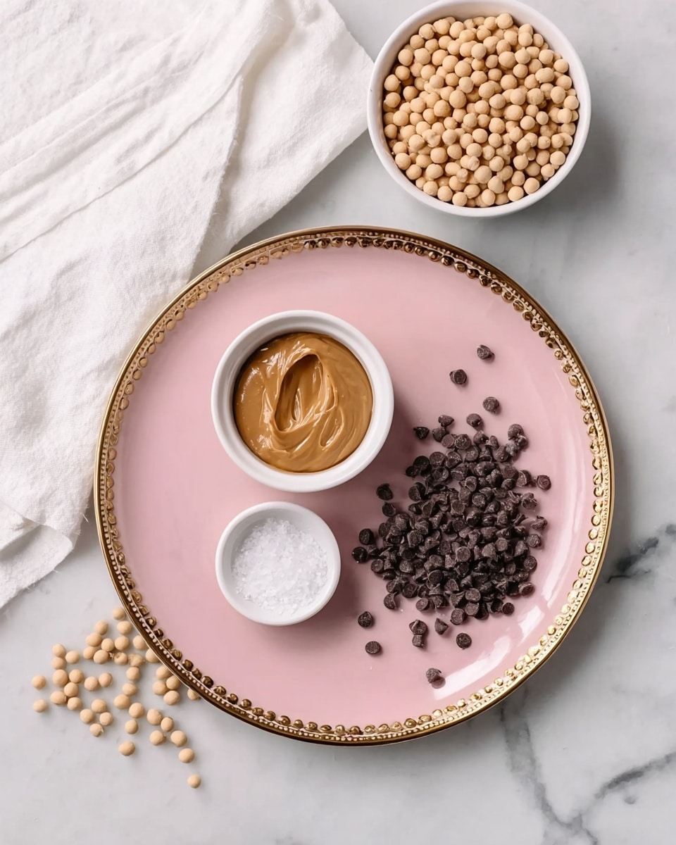 The image shows a white marbled surface with a soft white cloth in the upper left corner. On this surface, there is a large pale pink plate with a gold trim placed in the center. On the plate, there are three small piles: a small white bowl of creamy brown peanut butter in the upper left, a small pile of dark brown chocolate chips to the right, and a tiny white bowl with coarse white salt below the peanut butter. To the top left of the plate, there is a white bowl filled with small round beige cereal balls. photo taken with an iphone --ar 4:5 --v 7