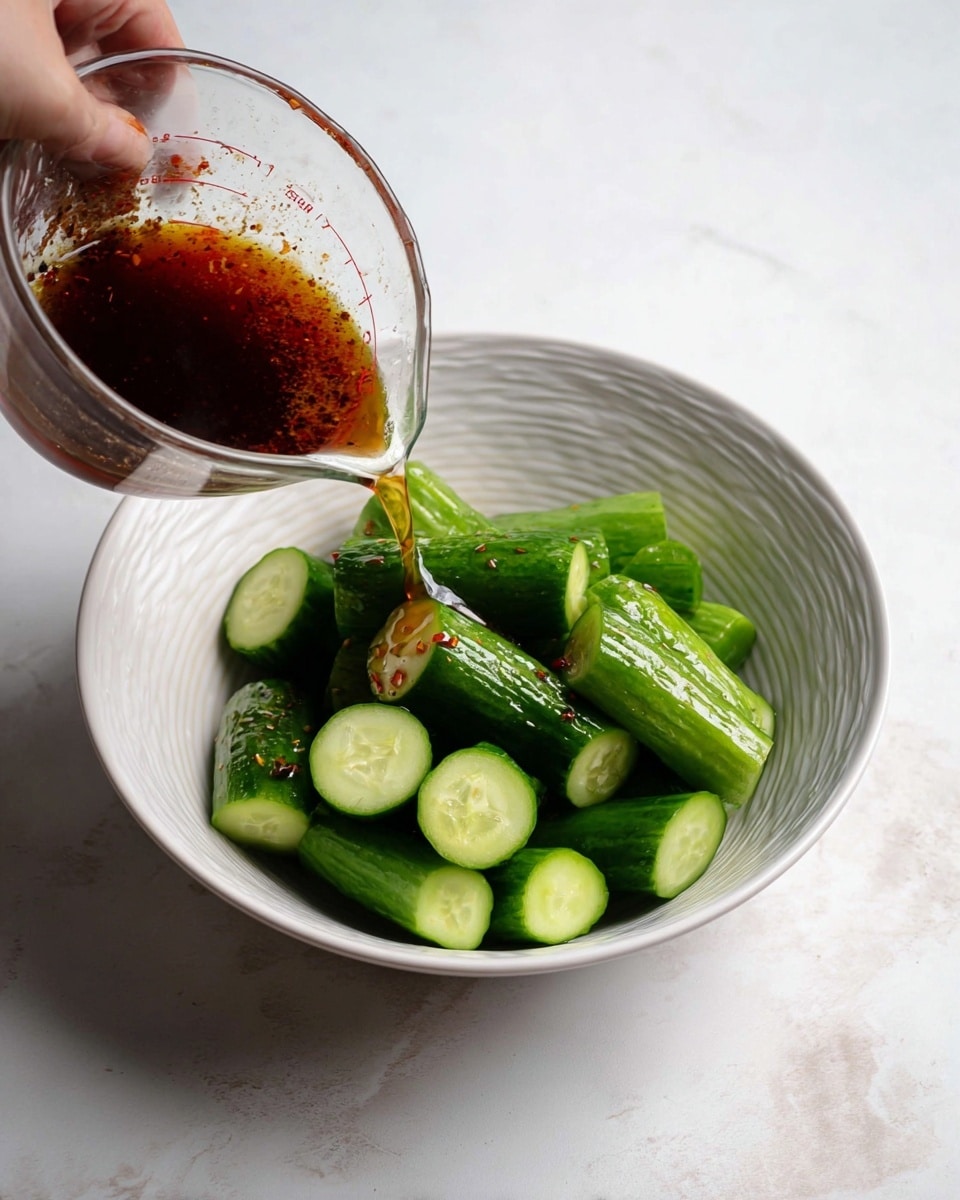 A white bowl filled with several thick pieces of bright green cucumber, some showing their pale green insides with seeds, sits centered on a white marbled surface. A woman's hand is pouring a dark brown liquid with visible spices from a clear glass measuring cup onto the cucumbers, the liquid creating a shiny layer over some pieces. The bowl's inside has a subtle textured pattern visible around the edges, and the scene is lit softly to highlight the fresh texture of the cucumbers and the liquid’s rich color. photo taken with an iphone --ar 4:5 --v 7