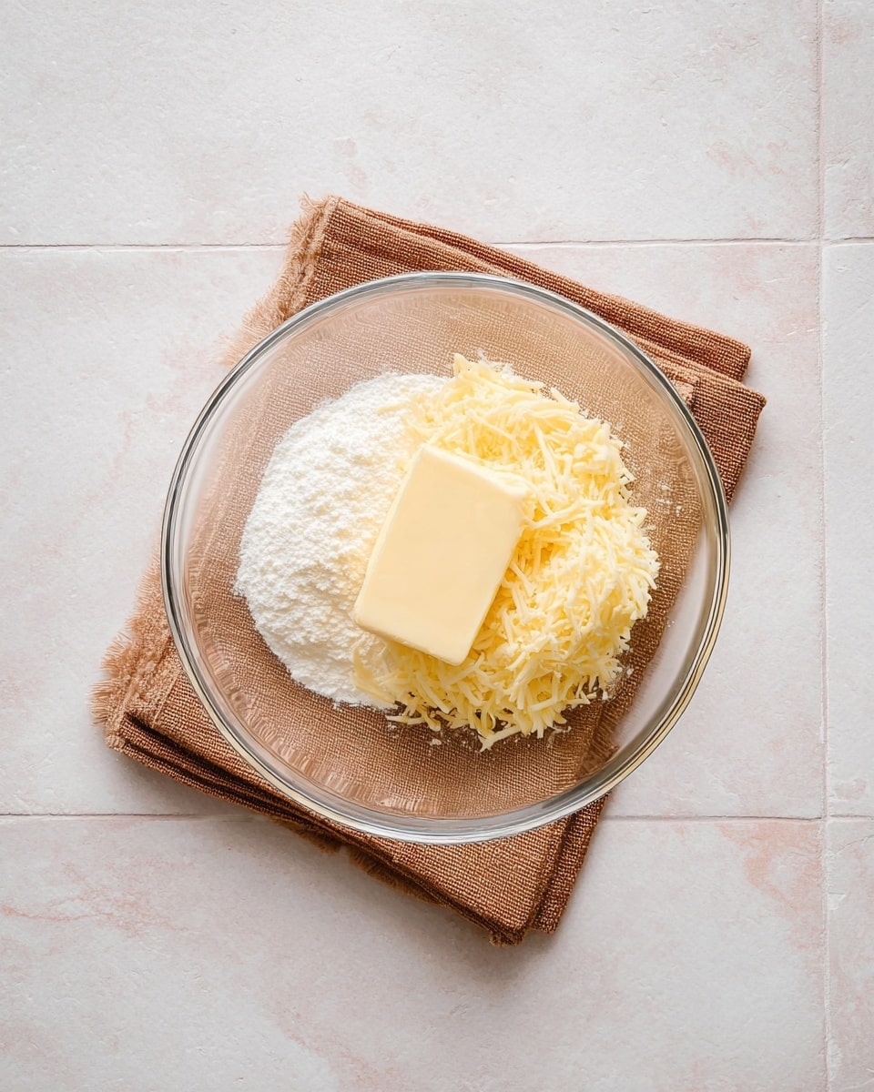 A clear glass bowl sits on a folded brown textured cloth, placed on a white marbled tile surface. Inside the bowl, there are three visible layers: a white powdery layer on the bottom left, a mound of finely shredded pale yellow cheese on the right, and a smooth, solid pat of pale yellow butter resting partly on the white powder and slightly overlapping the cheese. The scene is simple and clean with soft natural lighting. Photo taken with an iphone --ar 4:5 --v 7