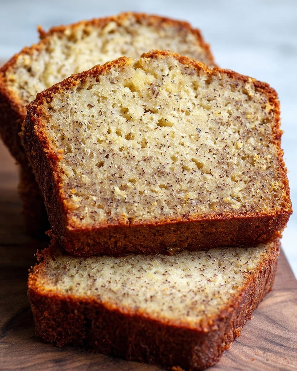 Three slices of light brown banana bread with visible small dark specks throughout. Each slice has a golden-brown crust on the edges with a soft and moist-looking texture inside. The slices are stacked slightly overlapping on a white marbled surface. The bread has a dense but tender crumb with tiny holes and bits showing the mashed banana texture photo taken with an iphone --ar 4:5 --v 7