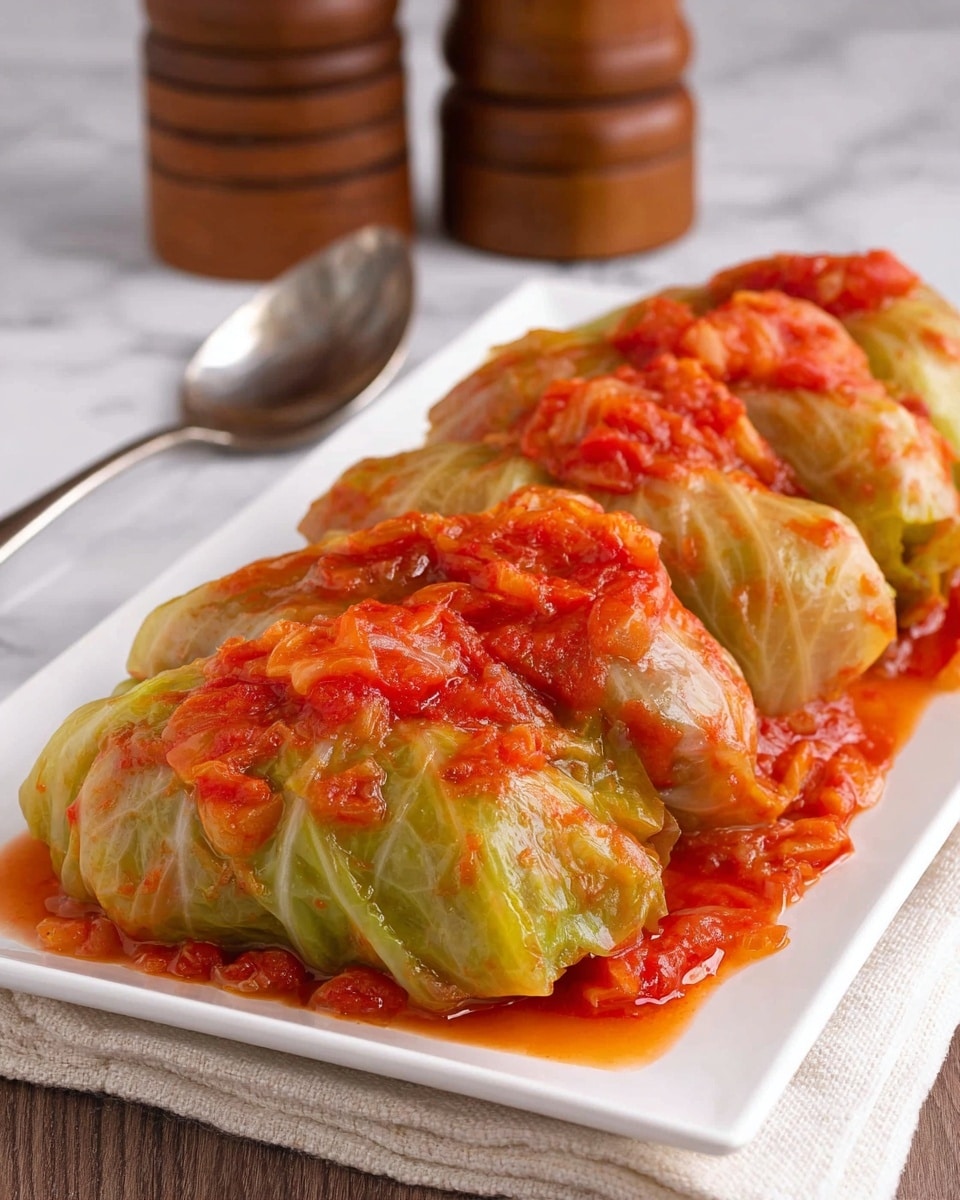 The dish shows two stuffed cabbage rolls placed on a white square plate with a white marbled texture surface underneath. Each roll has an outer light green cabbage leaf that looks soft and slightly shiny with a texture of cooked vegetables. Inside, there is a thick minced meat filling that is light brown with bits of rice mixed in. The rolls are topped and surrounded by a bright red tomato sauce with visible chunks of tomato and cooked onions that add a slightly glossy and textured look. The scene is cozy and close-up, focusing on the rich textures and colors of the food. Photo taken with an iphone --ar 4:5 --v 7