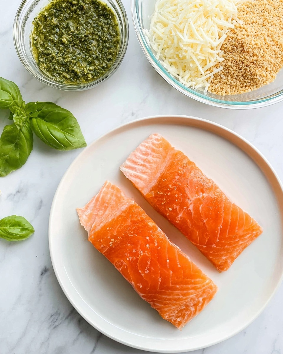 Two pieces of raw salmon fillets with bright orange color and smooth texture lie side by side on a white plate. Above the plate, a clear glass bowl is divided into two halves, one side filled with light brown breadcrumbs and the other with finely shredded white cheese. To the top left, there is a small clear bowl with green pesto sauce, showing a slightly chunky texture. Next to it is a single bright green basil leaf resting on a white marbled surface. The scene is brightly lit, highlighting the fresh and colorful ingredients photo taken with an iphone --ar 4:5 --v 7