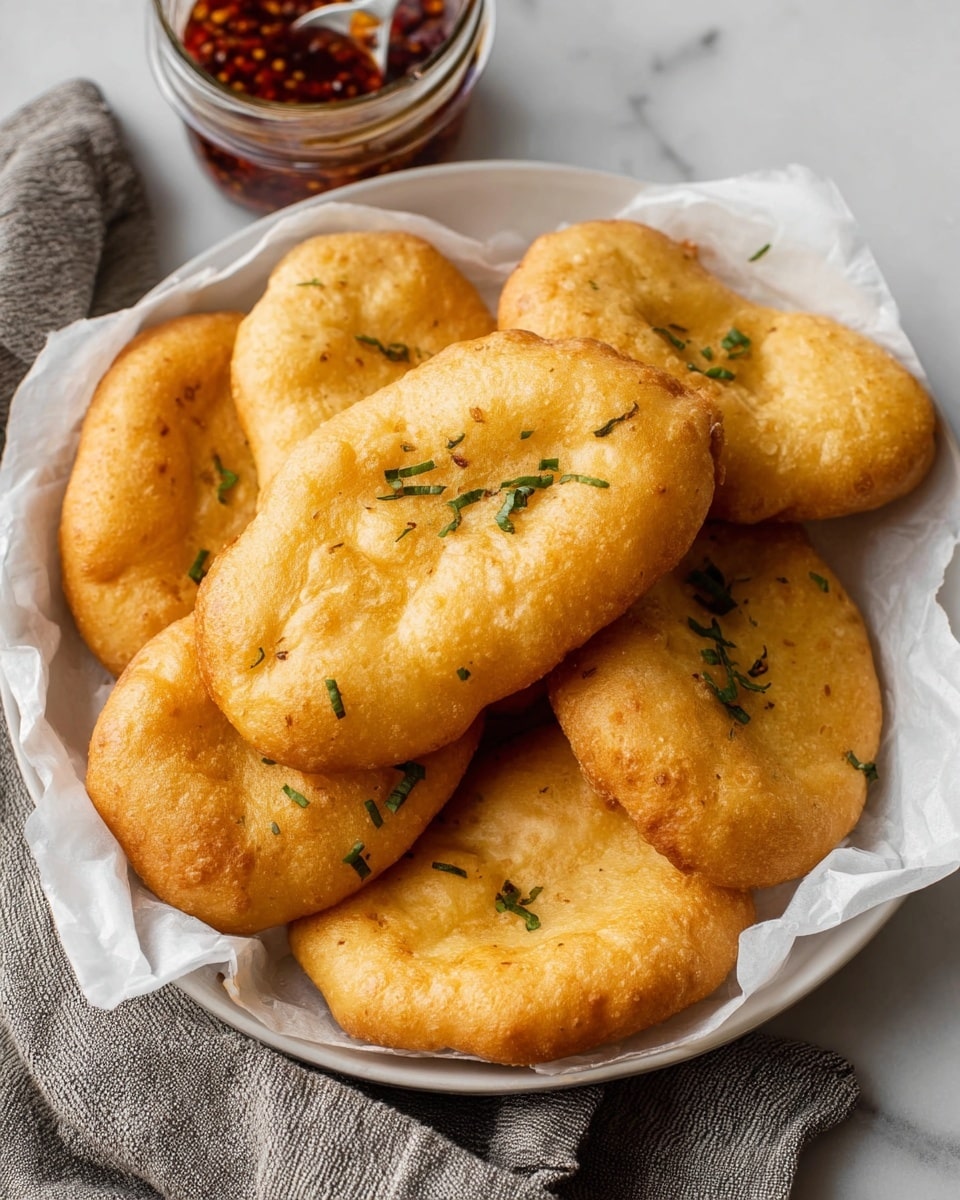 A round metal bowl lined with white parchment paper holds seven golden-brown fried bread pieces, each sprinkled with small green herb bits. The breads are oval and puffed, overlapping slightly in the bowl. The bowl sits on a soft gray cloth on a white marbled surface. Above the bowl, there is a glass jar with a red chili sauce filled halfway. To the side on the surface, there are three silver forks arranged together. Small green herb bits are scattered lightly around the bowl on the surface. Photo taken with an iphone --ar 4:5 --v 7